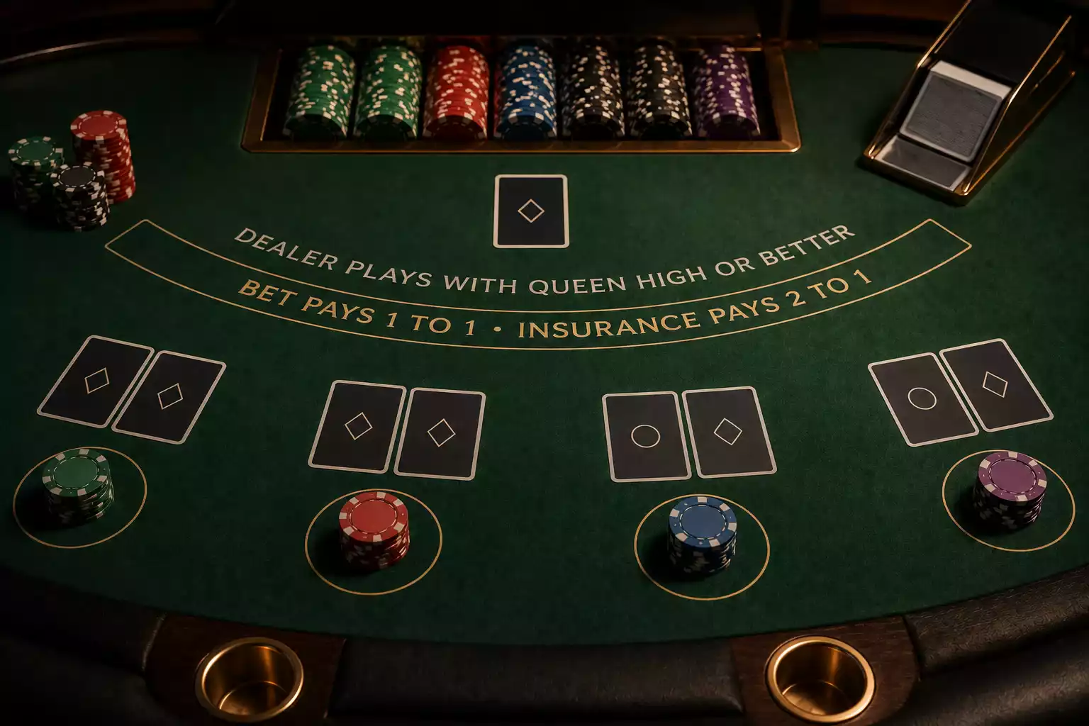 Blackjack game variants with house edge percentages displayed on felt table