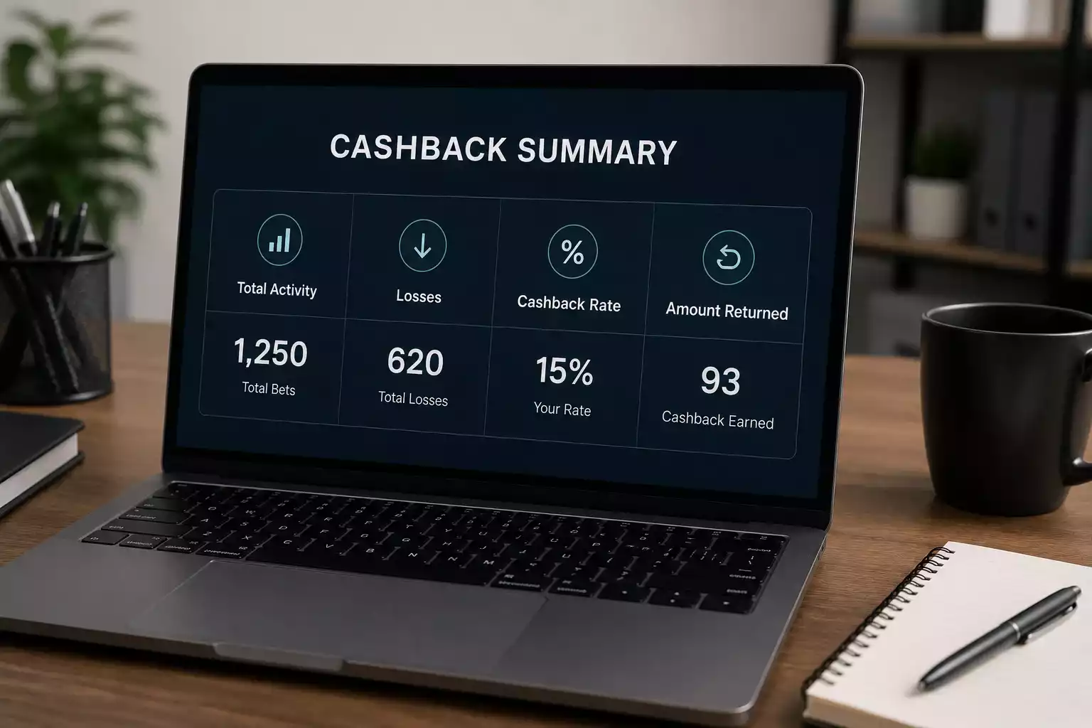 Casino cashback calculation method showing net loss percentage applied to player losses