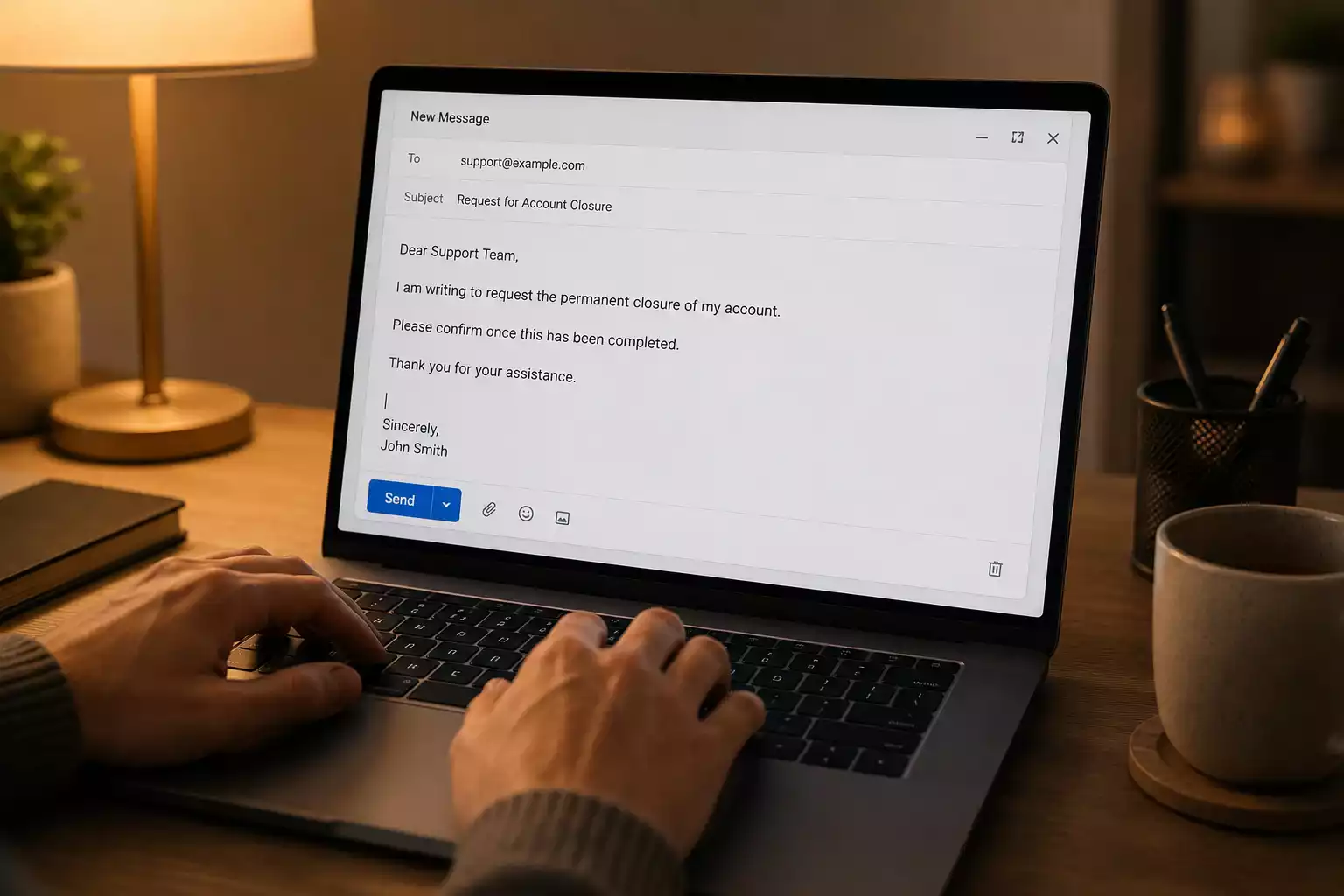 Casino account closure request email being composed on computer screen