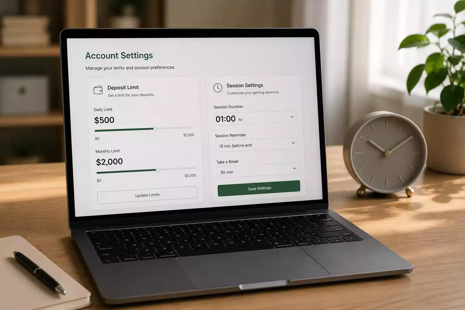 Casino deposit limit and session time settings interface on screen