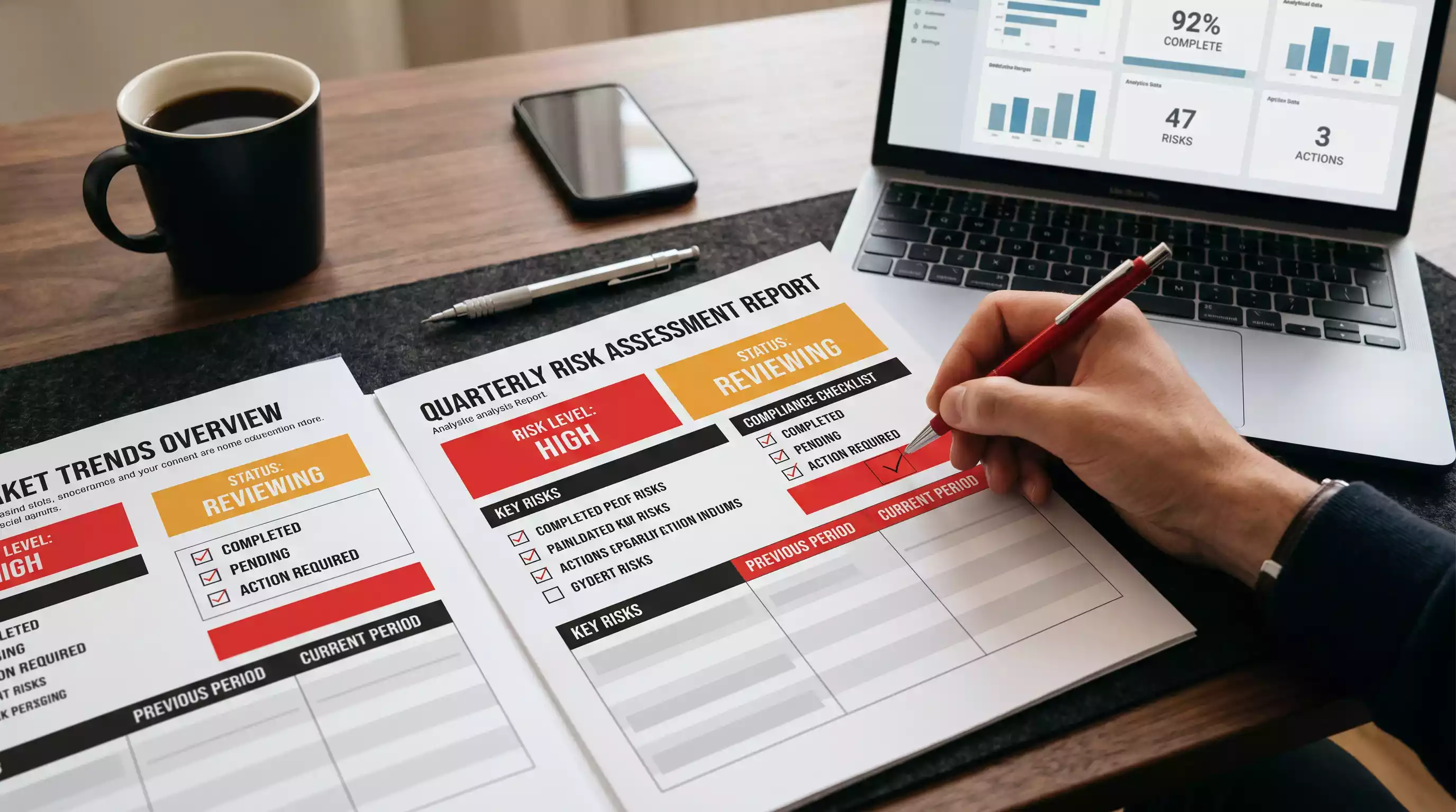 Analyst reviewing a risk assessment report with safety metrics and regulatory compliance data on a desk
