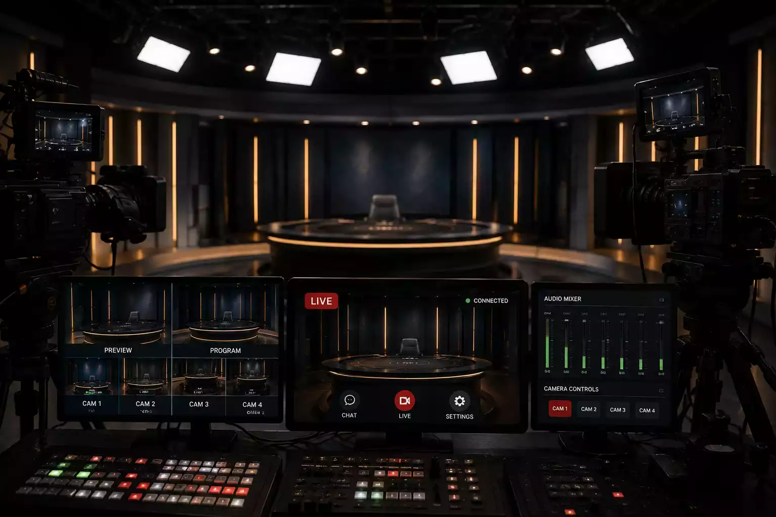 Professional live casino studio broadcast setup with cameras and lighting