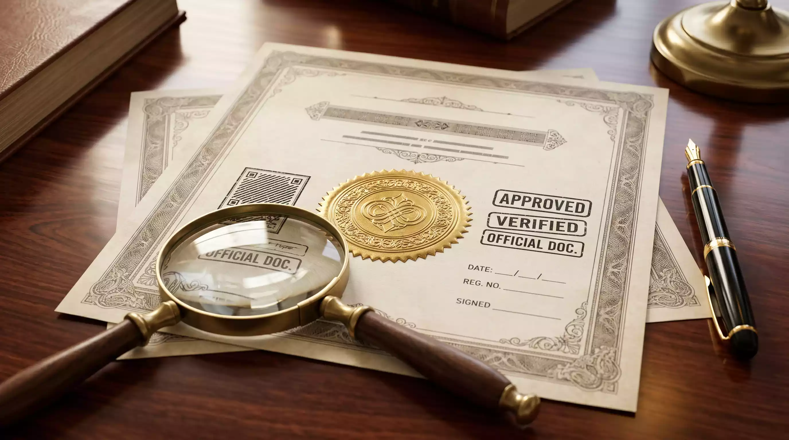 Official gaming licence document with regulatory stamps and compliance seals on a desk