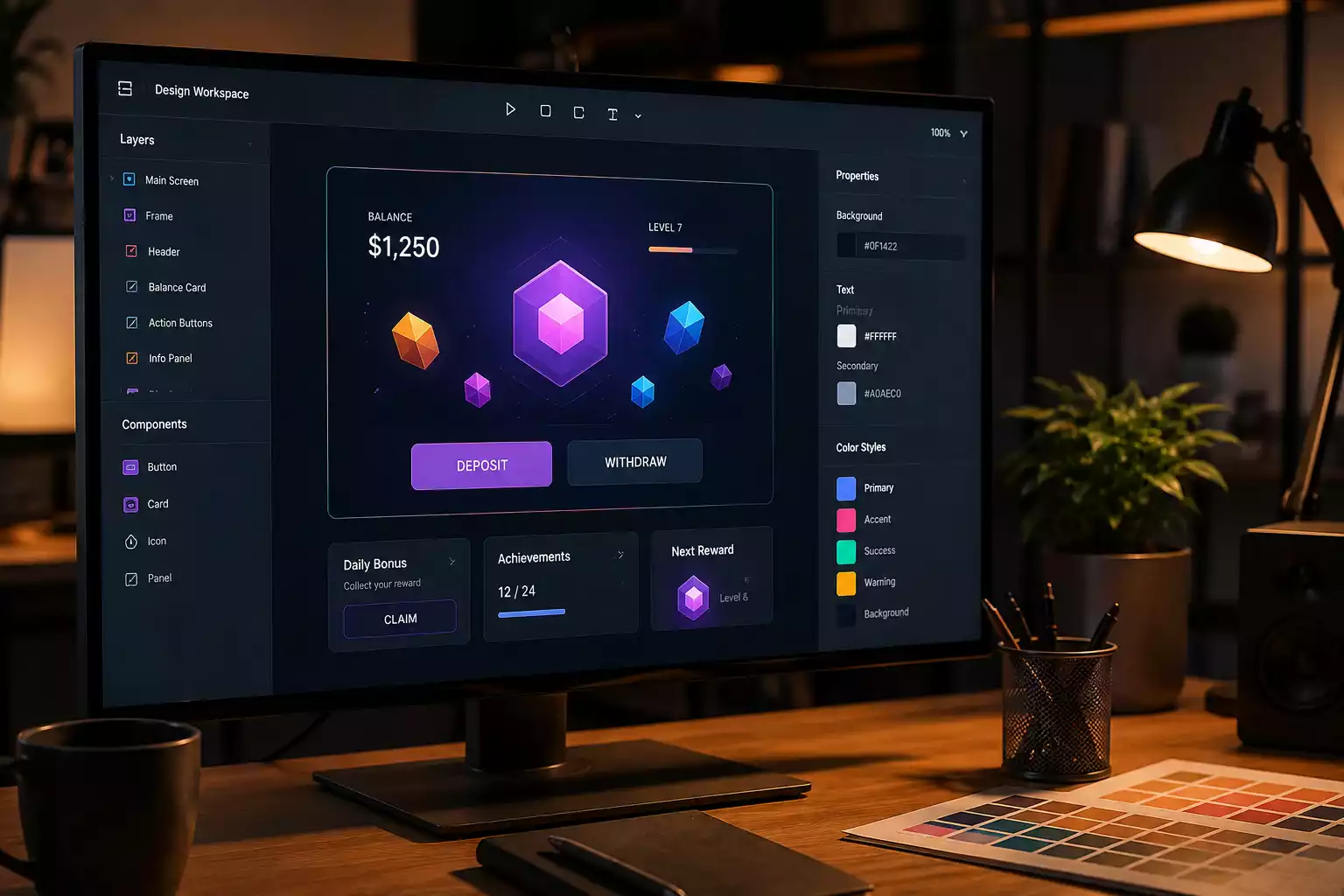 Game studio software development office with slot game design on multiple monitors