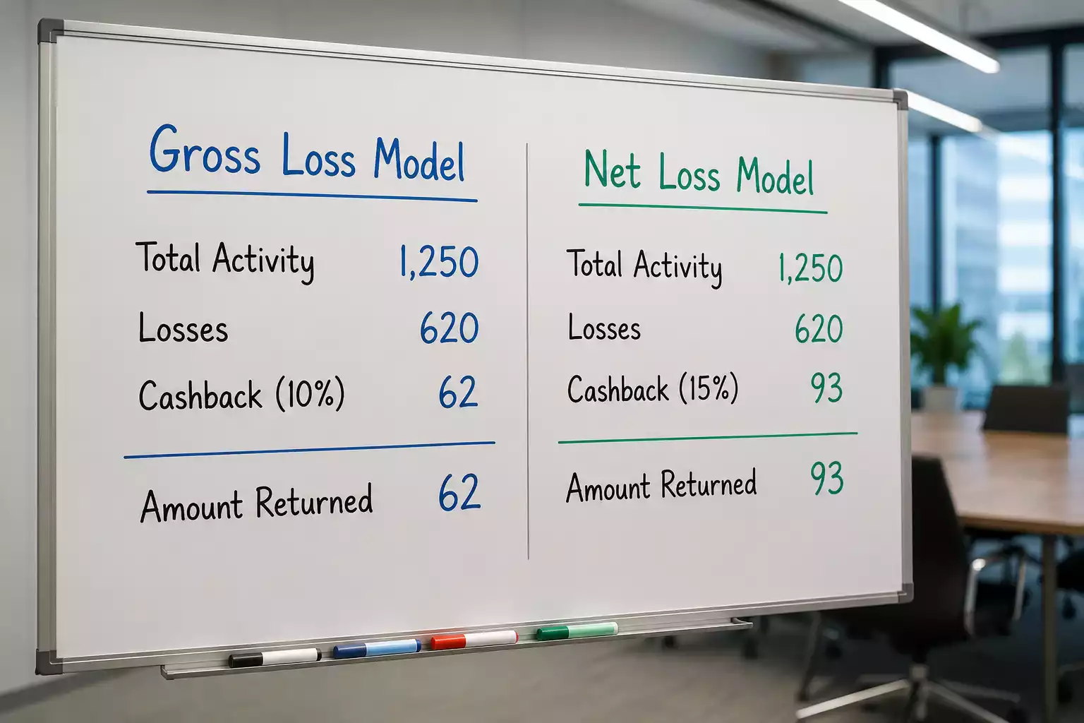 Gross versus net loss cashback comparison showing different calculation bases