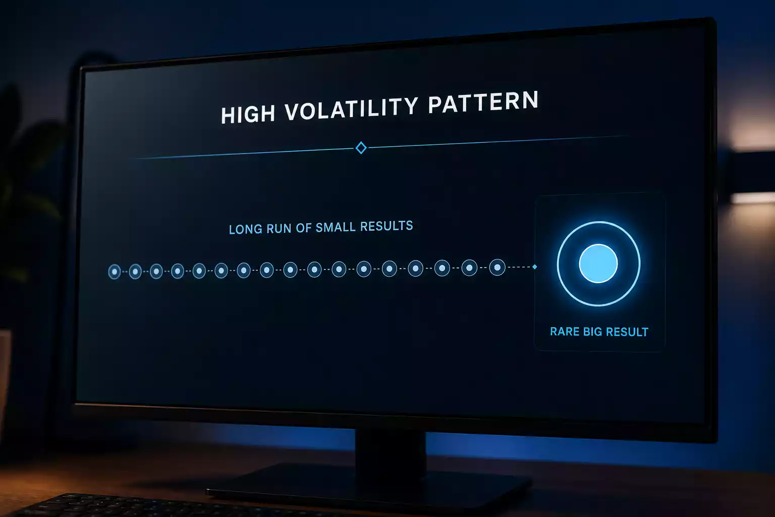High volatility slot machine with large jackpot potential and long dry spell indicator