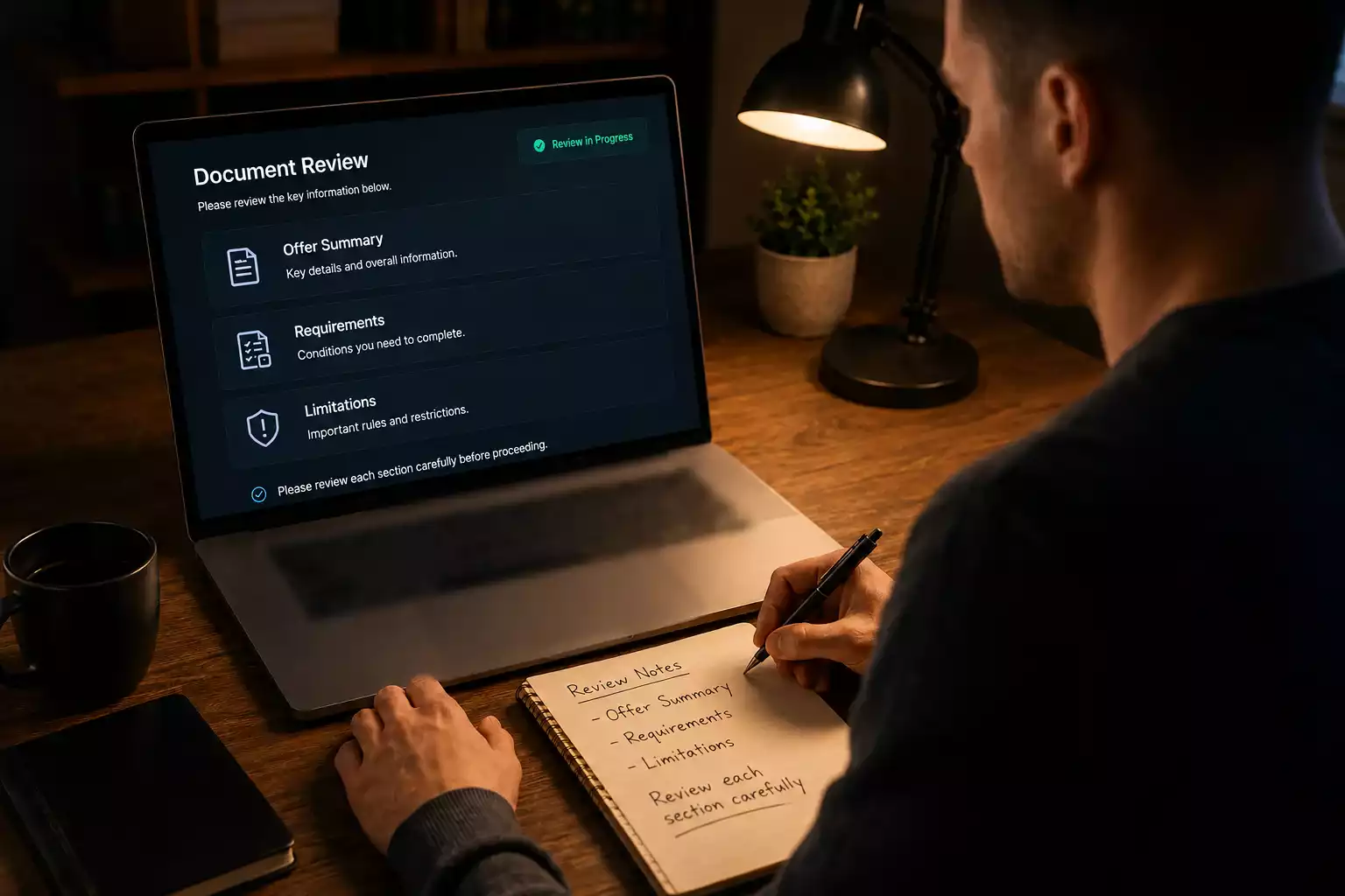 Player reviewing casino bonus terms carefully on laptop before accepting offer