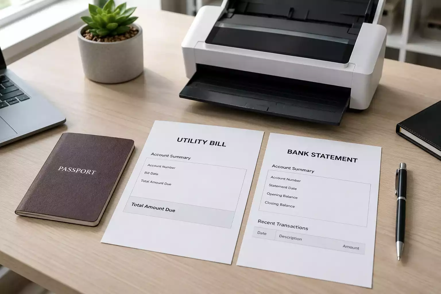 KYC identity verification documents spread on desk for casino account review