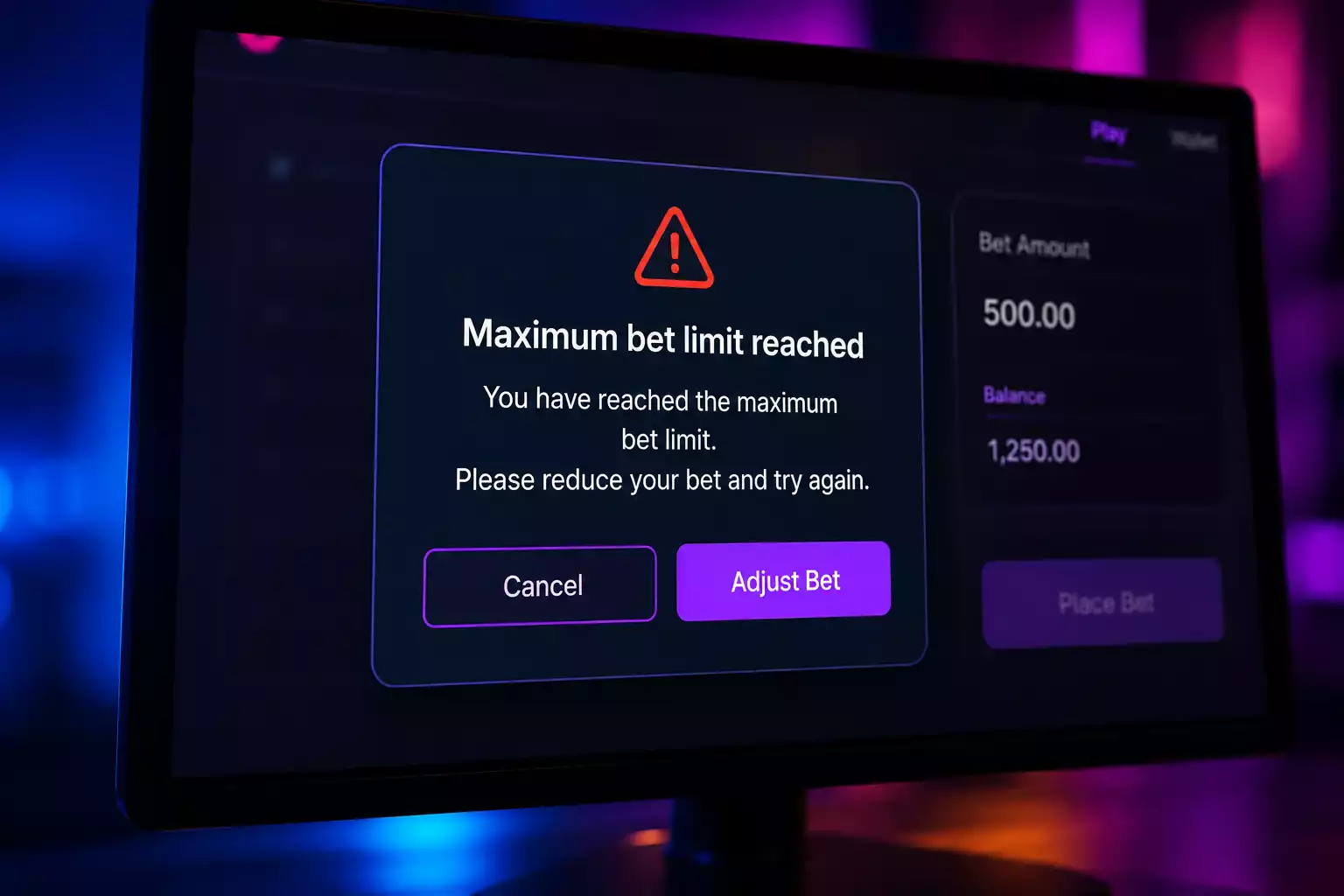 Casino maximum bet limit void clause warning displayed on slot machine screen