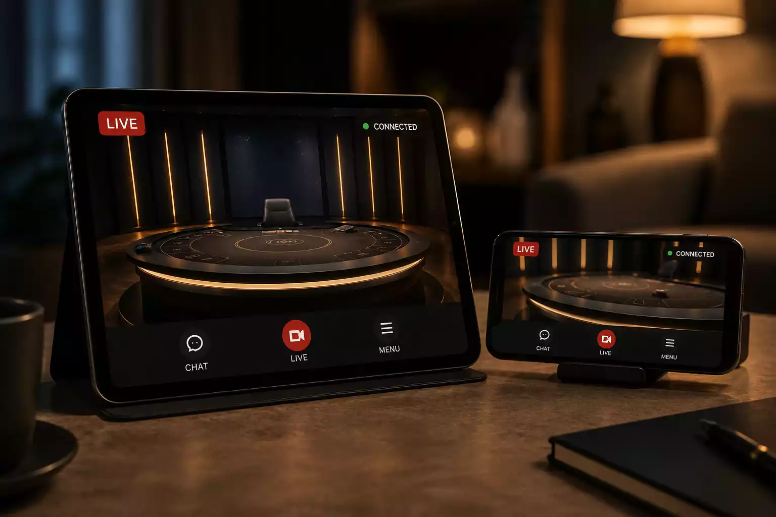 Mobile device showing live dealer stream with connection quality indicators