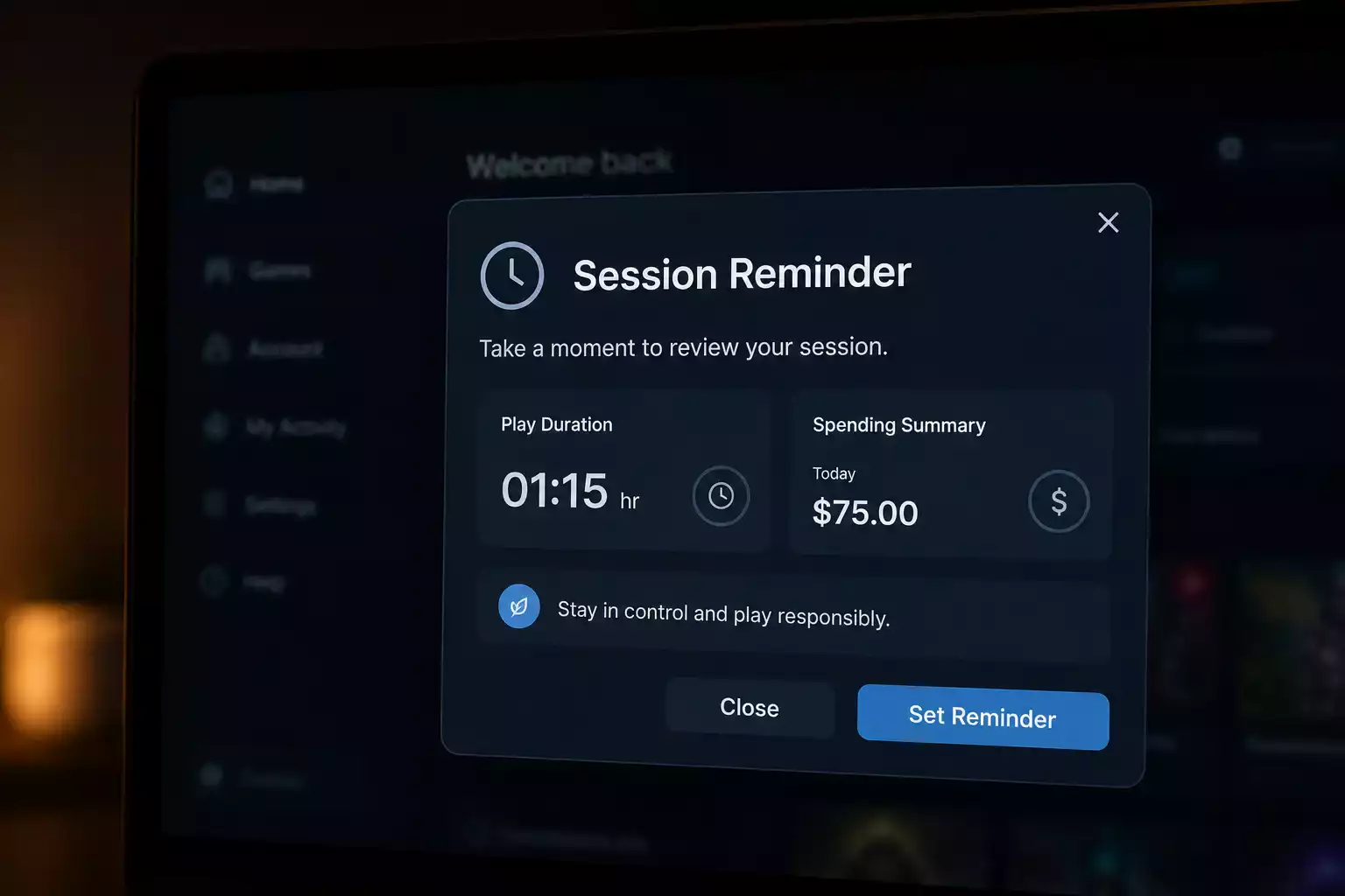 Casino reality check popup notification showing session time and spend reminder