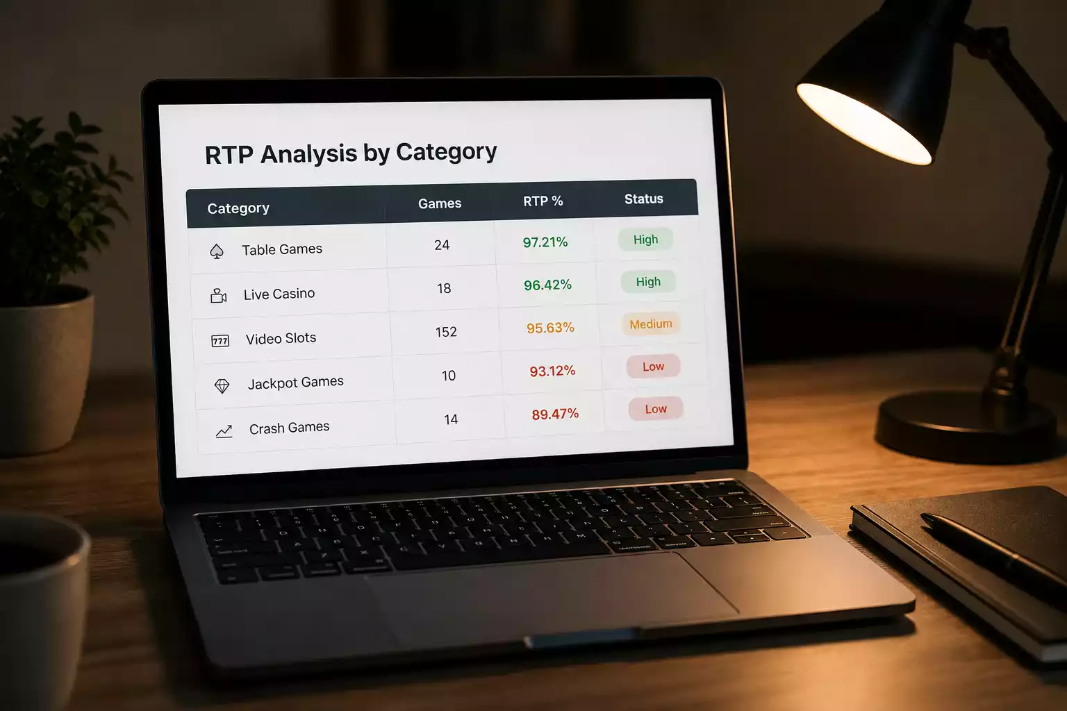 RTP distribution spread across casino slot library showing range from 94 to 99 percent