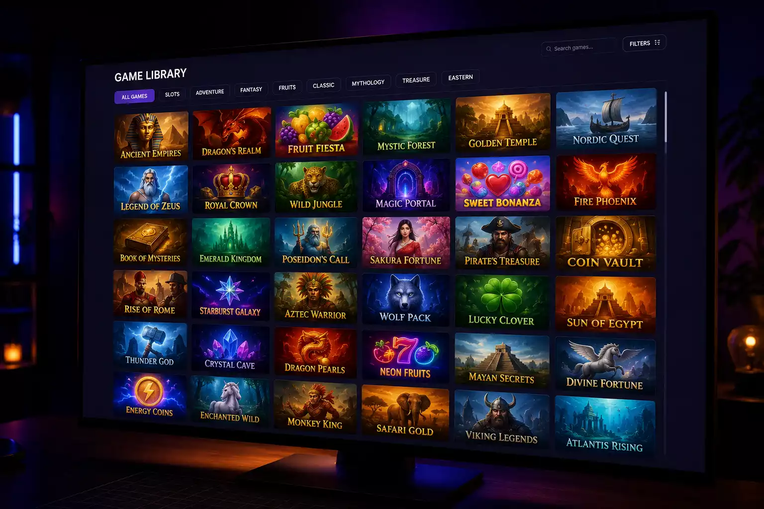 Online slot machine lobby displaying thousands of games without published RTP percentages