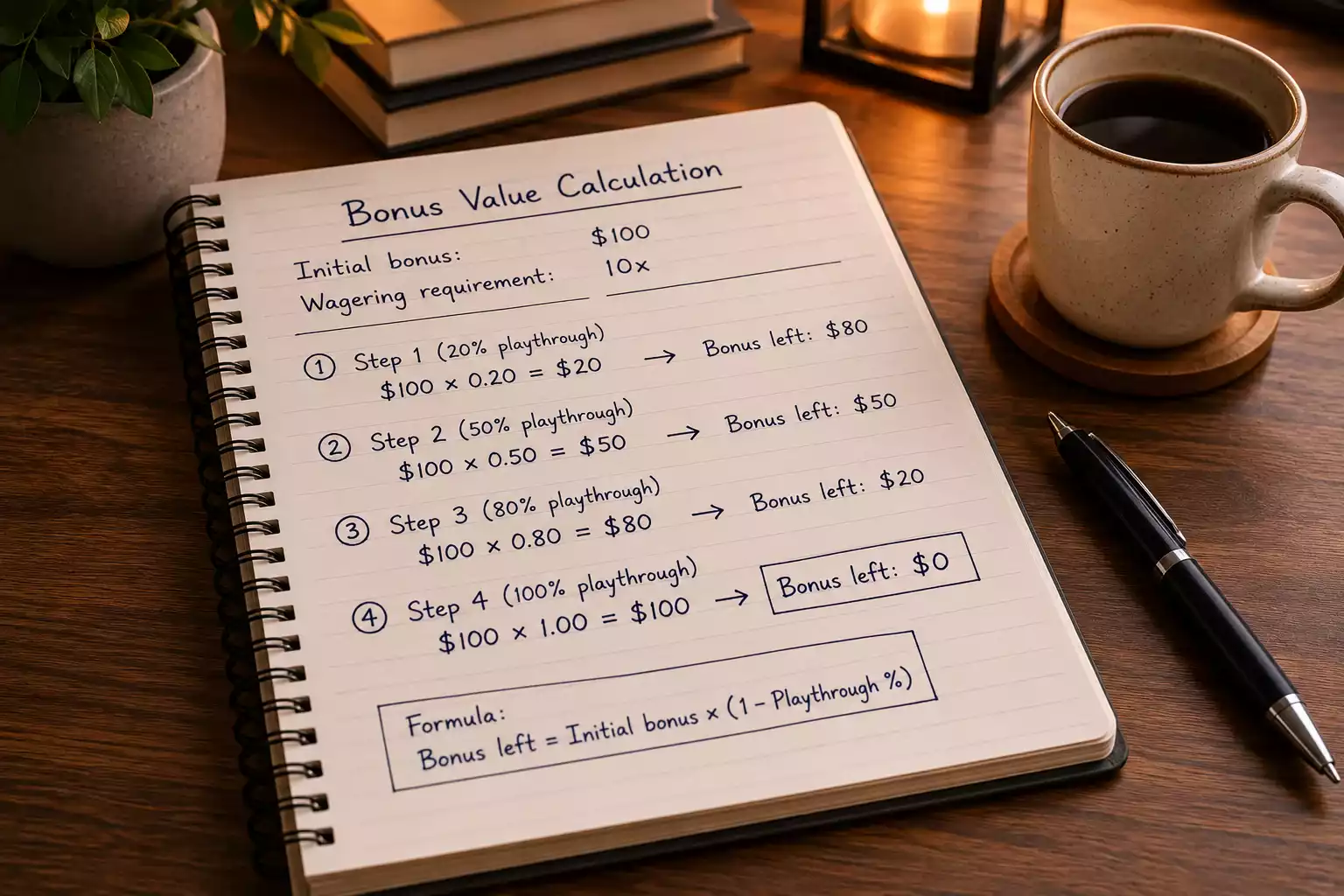 Wagering requirement calculation showing bonus value erosion through playthrough cycles